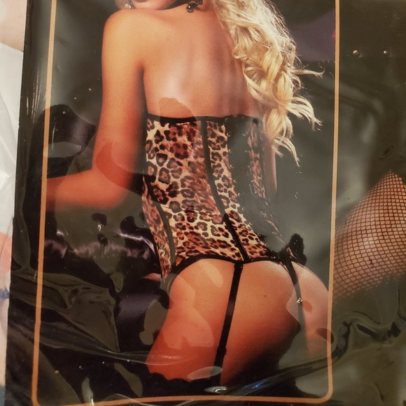 Leopard Print Corset - Lace up Back - Zip Up Front - With Thong and Garters NEW - Picture 6 of 7